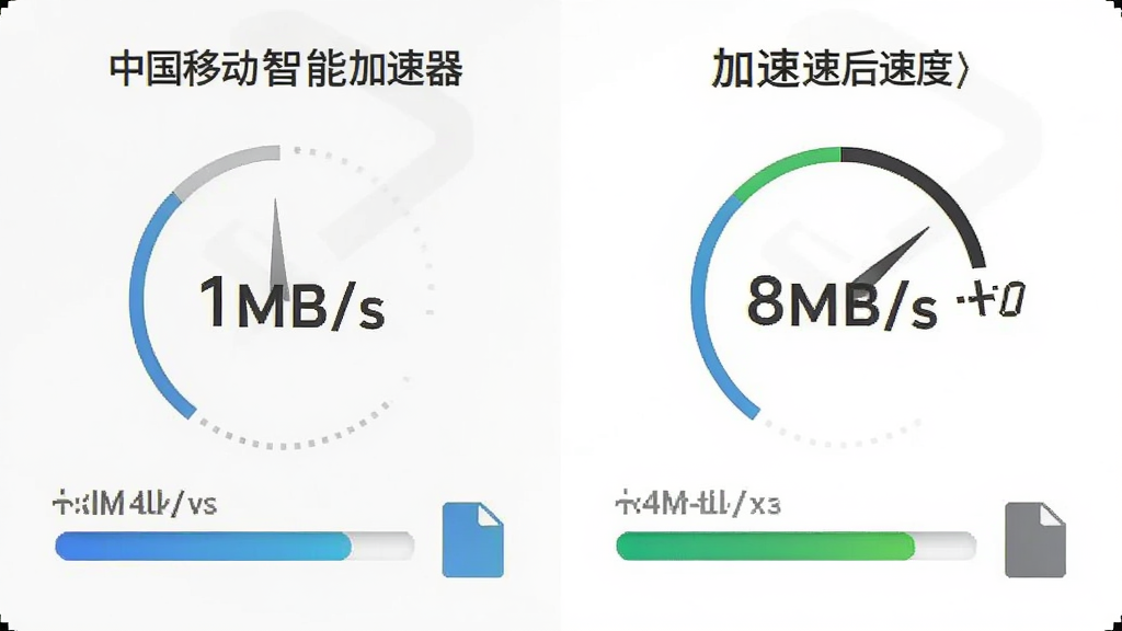一张展示中国移动智能加速器下载提速效果的对比图,左侧为普通下载速度约1MB/s,右侧为加速后速度约8MB/s,下方有进度条和文件图标,风格简洁直观,画质清晰,无多余元素