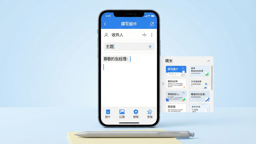 主体:手机屏幕展示智能电子邮箱的“撰写邮件”界面,屏幕上方显示收件人、主题输入框,正文区域有光标闪烁,下方工具栏有附件、图片、模板等图标;布局:手机竖屏居中,背景为柔和的浅蓝色渐变,屏幕下方有一支触控笔与便签纸;排版:界面元素排列整齐,文字清晰,按钮图标使用蓝色主色调;风格:简约商务风格,干净利落,色彩明快;细节:屏幕上的文字为“尊敬的张经理:”,模板库展开显示几个模板缩略图;画质:高清渲染,质感细腻,画面干净,无多余元素