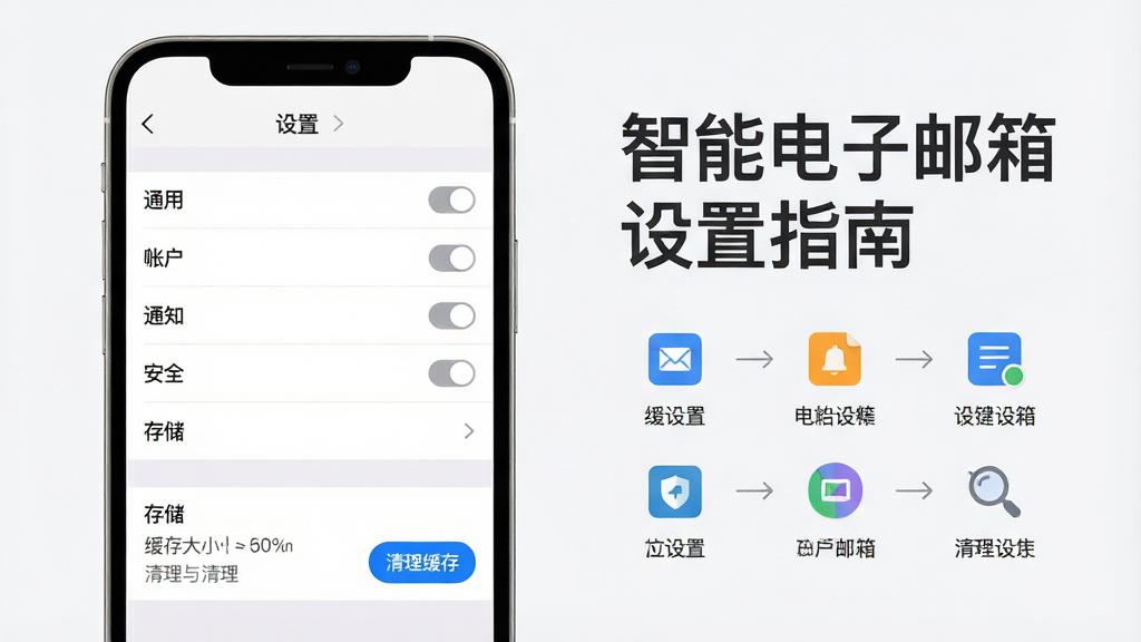 主体:手机屏幕展示智能电子邮箱的“设置”页面,屏幕上显示“通用”、“账户”、“通知”、“安全”、“存储”等选项列表,其中“存储”选项下显示缓存大小与清理按钮;布局:手机竖屏位于画面左侧,右侧有文字标注“智能电子邮箱 设置指南”以及几个关键设置项的图标;排版:界面列表清晰,每个选项右侧有开关或箭头,文字颜色为深灰,背景为白色;风格:极简设计,干净明亮,突出功能列表;细节:屏幕上的“清理缓存”按钮高亮为蓝色,其他选项为普通白色;画质:高清渲染,无多余元素