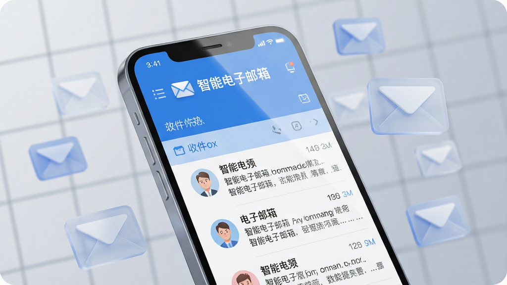主体:一部智能手机屏幕占据画面中心,屏幕上清晰显示智能电子邮箱应用的主界面,界面顶部有“智能电子邮箱”字样和信封图标,下方是收件箱列表,邮件条目带有发件人头像与摘要;布局:手机略微倾斜,背景为浅灰色渐变,手机周围悬浮着几个半透明的信封和邮件图标,营造科技感与便捷氛围;排版:手机屏幕内容细节清晰,邮件字体可辨,界面色彩以蓝色和白色为主,简洁明快;风格:现代扁平化结合轻微3D质感,光线柔和,整体通透;细节:屏幕反射出柔光,背景有模糊的网格线条,突出智能与效率主题;画质:8K超高清,细节丰富,画面干净,无多余元素