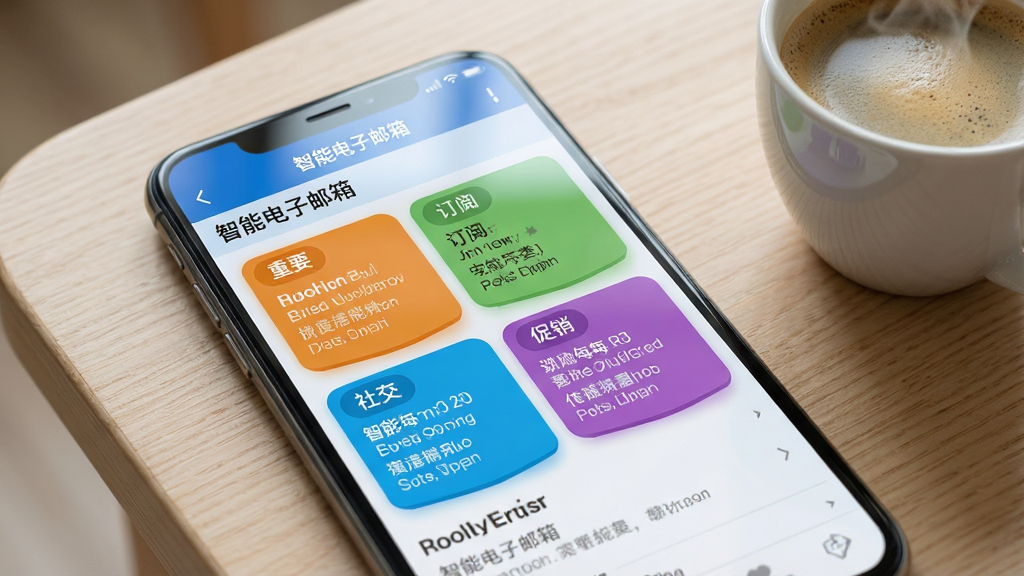 主体:手机屏幕特写,显示智能电子邮箱的“智能分类”界面,顶部有“智能电子邮箱”应用栏,下方分为“重要”、“订阅”、“社交”、“促销”四个彩色标签卡片,每个卡片下有对应的邮件列表摘要;布局:手机平放在浅色木纹桌面上,屏幕正面朝向镜头,右上角有一杯咖啡作为陪衬;排版:界面卡片颜色鲜明,文字清晰可读,邮件标题与发件人信息完整;风格:写实摄影风格,室内自然光,背景干净,浅景深效果突出屏幕内容;细节:屏幕玻璃反光轻微,咖啡杯边缘有热气,体现日常办公场景;画质:高分辨率,细节锐利,画面干净,无多余元素
