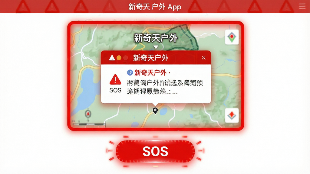 主体:新奇天户外App的安全预警界面。布局:屏幕中央显示地图,周围有红色警示边框,底部有“SOS”按钮。排版:警示信息以弹窗形式展现,按钮醒目。风格:红色与白色为主色调,强调紧迫感。细节:地图上标注“新奇天户外”字样,SOS按钮带有闪烁光效。画质:高清,干净,无多余元素。