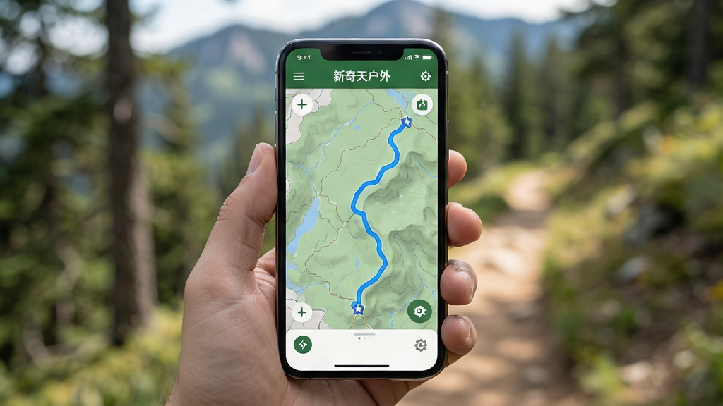 主体:新奇天户外App在户外环境中的使用场景,手机屏幕显示地图和轨迹。布局:手机位于画面中央,背景是模糊的山林小径。排版:手机屏幕内容清晰可见。风格:自然光线下,真实感强。细节:屏幕上有“新奇天户外”字样,轨迹线为蓝色。画质:高清,干净,无多余元素。