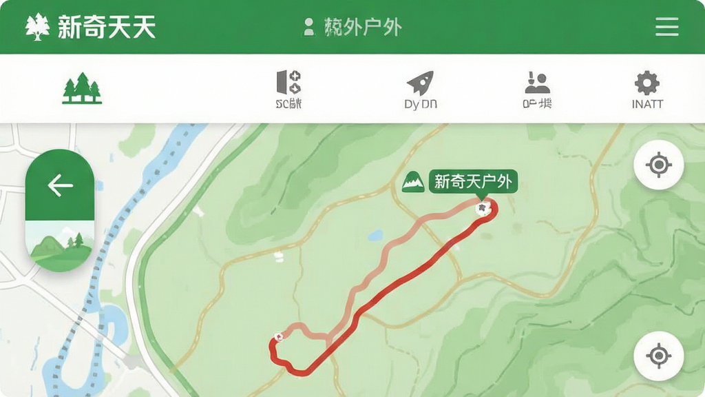 主体:新奇天户外App的界面截图,展示主界面地图导航与轨迹记录功能。布局:上方为功能栏,下方为地图区域,左侧悬浮菜单按钮。排版:清晰简洁,图标与文字相辅相成。风格:现代扁平化设计,主色调为绿色与白色,体现户外自然感。细节:地图上有红色轨迹线,标注“新奇天户外”字样,界面干净无多余元素。画质:高清,干净,无多余元素。