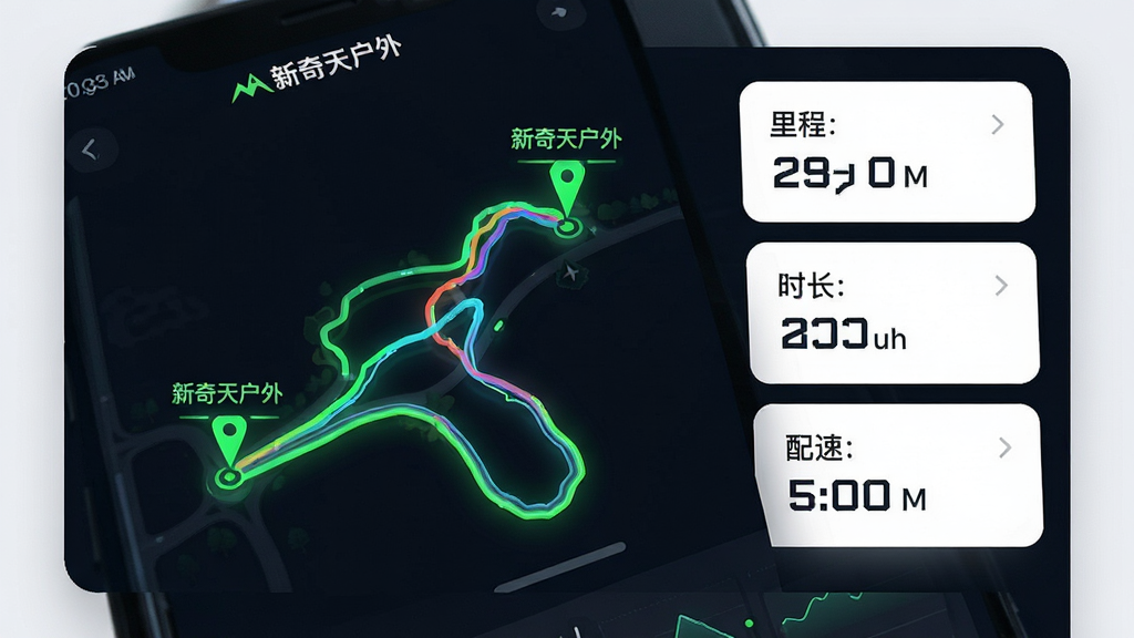 主体:新奇天户外App的轨迹记录页面。布局:屏幕中央显示彩色轨迹线条,右侧有数据面板展示里程、时长、配速。排版:数据面板采用卡片式设计,清晰易读。风格:深色背景搭配荧光绿轨迹,科技感十足。细节:轨迹线上有起点和终点标记,标注“新奇天户外”Logo。画质:高清,干净,无多余元素。