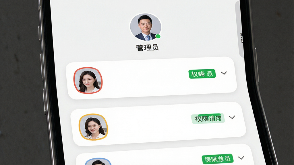 主体:小峰管家多用户管理界面,手机屏幕显示家庭成员列表与权限标签。布局:屏幕居中,上方为管理员头像,下方为成员卡片排列。排版:列表式,每个成员卡片右侧有权限下拉菜单。风格:简洁清新,浅色背景,圆角卡片。细节:成员头像有不同颜色边框,权限标签为绿色。画质:干净,无多余元素。