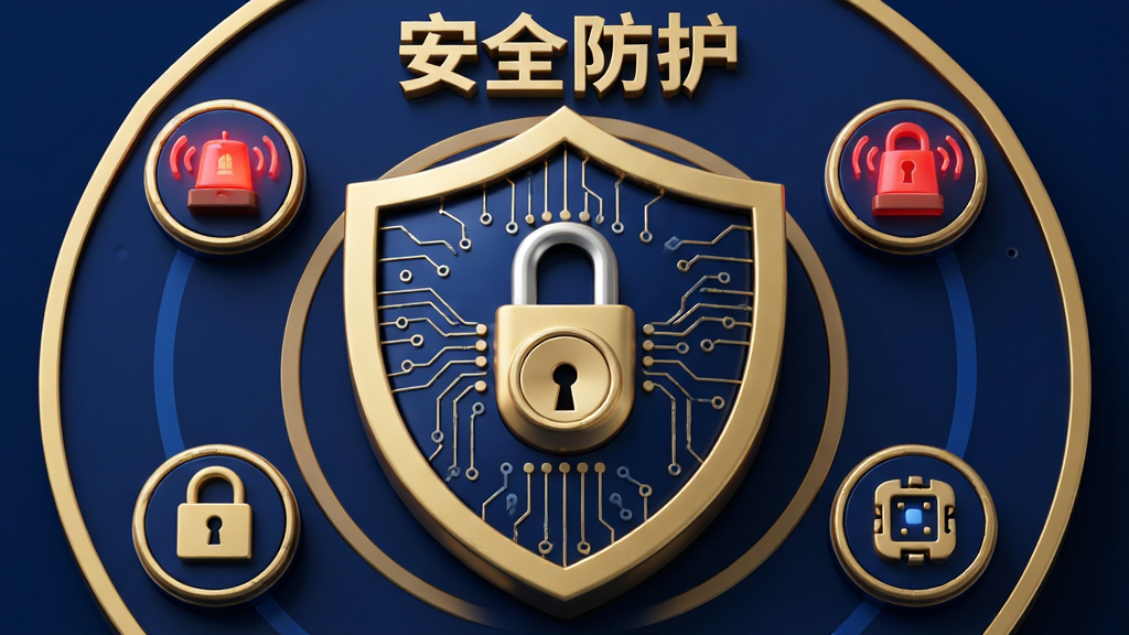 主体:小峰管家安全防护功能展示,盾牌图标包裹智能门锁。布局:中央为盾牌,内部为锁芯图案,四周环绕报警通知、加密锁、防撬传感器等图标。排版:环绕式布局,盾牌上方为“安全防护”文字。风格:3D渲染,深蓝与金色搭配。细节:盾牌表面有电路纹理,报警图标为红色闪烁。画质:高细节,干净,无多余元素。