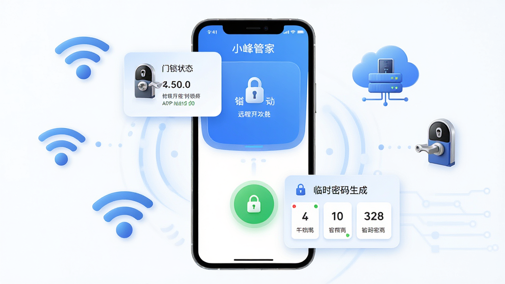 主体:小峰管家APP远程开锁功能界面,手机屏幕显示门锁状态和开锁按钮。布局:手机居中,周围环绕Wi-Fi信号图标、云服务器图标和智能门锁图标,示意远程连接。排版:左上方为门锁状态卡片,右下方为临时密码生成区域。风格:扁平化+轻微拟物,蓝色科技风。细节:开锁按钮为绿色圆形,临时密码以数字卡片形式展示。画质:高清,干净,无多余元素。