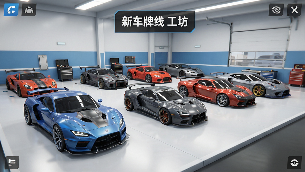 游戏主界面截图,展示车库中多辆已改装的车辆,以及“新车牌在线”的工坊标志,界面整洁,布局清晰,风格明亮,画质高清,干净无多余元素