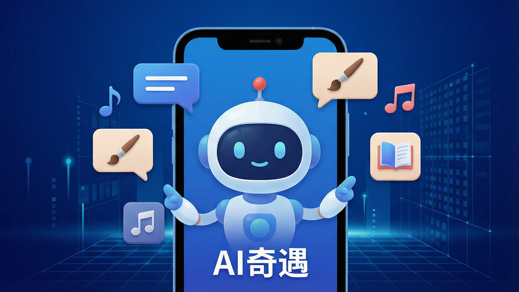 一幅展示AI奇遇核心功能的现代科技感宣传图,主体是智能手机屏幕中一个拟人化的智能助手形象,周围环绕着对话气泡、画笔、音符、书本等图标,背景为深蓝色渐变与抽象数字网格,布局居中,排版简洁大气,风格为扁平化插画结合轻拟物,细节丰富,画质高清,干净无多余元素,屏幕中显示文字