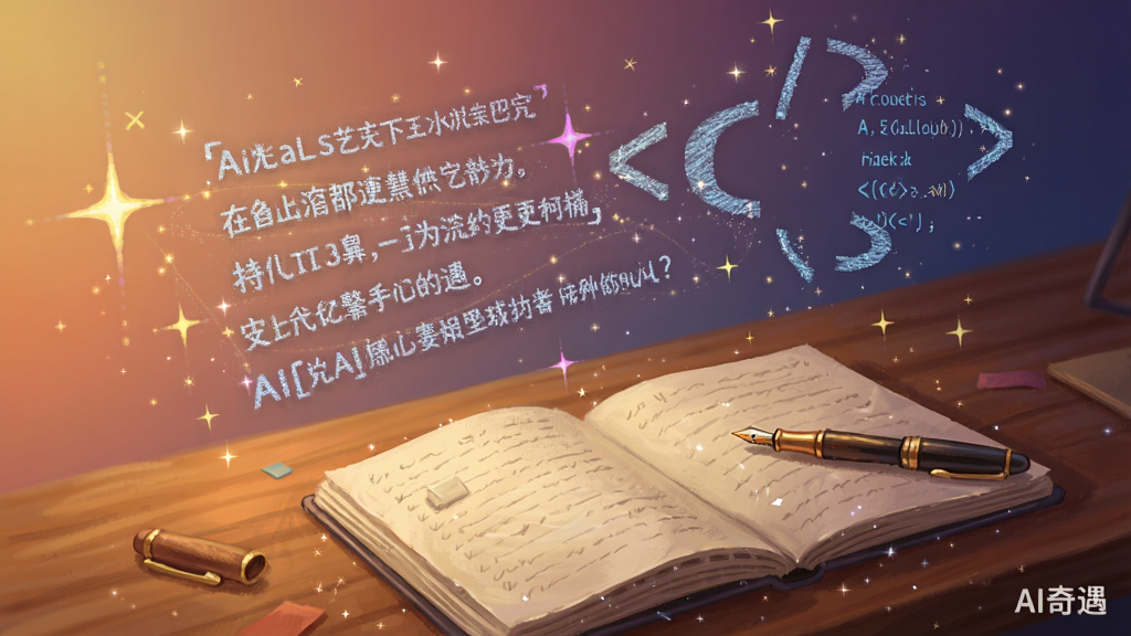 一幅表现AI奇遇创意生成能力的艺术化图片,主体是一张书桌,桌面上摊开笔记本和钢笔,旁边悬浮着由星光组成的文字、诗句和代码符号,背景为暖色渐变,布局为对角线构图,风格为超现实插画,细节包括纸张纹理和星尘光点,画质细腻,干净无多余元素,画面角落有小字