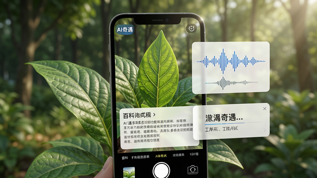 一幅展示AI奇遇多模态识别功能的示意图,主体是手机摄像头对准一株绿色植物,屏幕中显示植物名称和百科信息,旁边还有语音波形和文字翻译的悬浮卡片,背景为户外自然场景,布局为三分构图,风格为半写实半UI设计,细节包括植物叶脉和屏幕光影,画质高清,干净无多余元素,屏幕角落有
