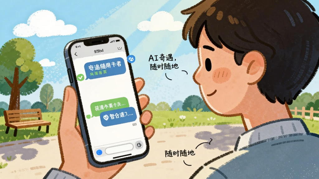 一幅展示AI奇遇使用场景的插画,主体是用户手持手机在户外与AI对话,手机屏幕中显示智能回复,背景有公园、树木、云朵,布局为平视视角,风格为清新手绘风,细节包括阳光和影子,画质干净,无多余元素,画面旁白文字