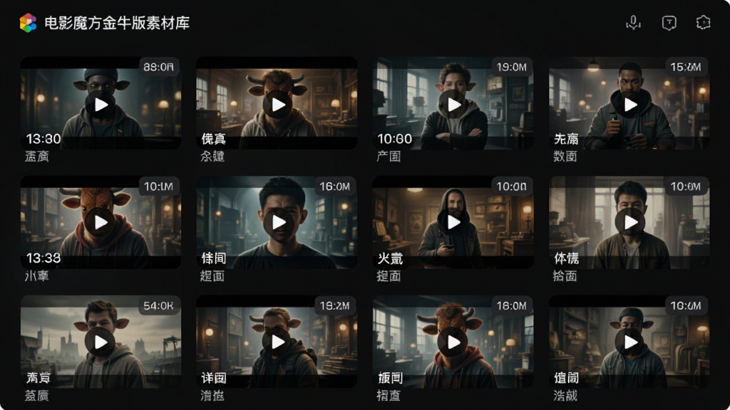主体:电影魔方金牛版素材库界面,布局:网格状排列的视频缩略图,排版:规整有序,风格:深色背景高亮图标,细节:缩略图上有时长和格式角标,画质:细腻清晰,干净,无多余元素