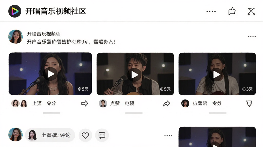 画面主体为“开唱音乐视频社区”的社区动态页,用户发布翻唱作品并配文,下方有好友点赞和评论,布局为信息流样式,包含多个视频卡片,风格生活化,细节显示用户头像和互动数字,画质清晰,无多余元素