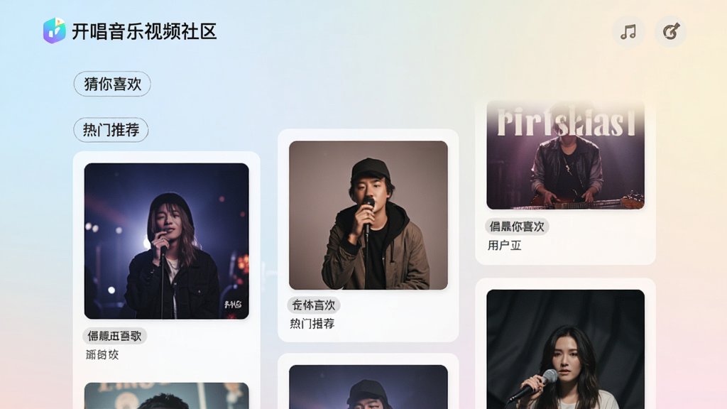 画面主体为“开唱音乐视频社区”的推荐页面,展示根据用户喜好生成的个性化歌单,布局为瀑布流卡片式,每张卡片显示歌曲封面和歌名,背景是淡雅的渐变色,风格清新简约,细节包含“猜你喜欢”和“热门推荐”标签,画质干净无多余元素