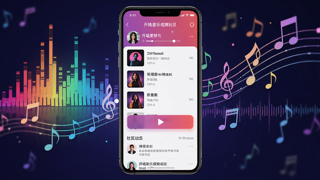画面主体为“开唱音乐视频社区”软件界面在手机屏幕上展示,背景是多彩的音乐频谱与音符元素,整体布局为手机竖屏居中,界面显示歌曲列表、播放按钮和社区动态,风格现代简约,色彩鲜艳明亮,细节包含专辑封面与用户头像,画质高清干净,无多余元素