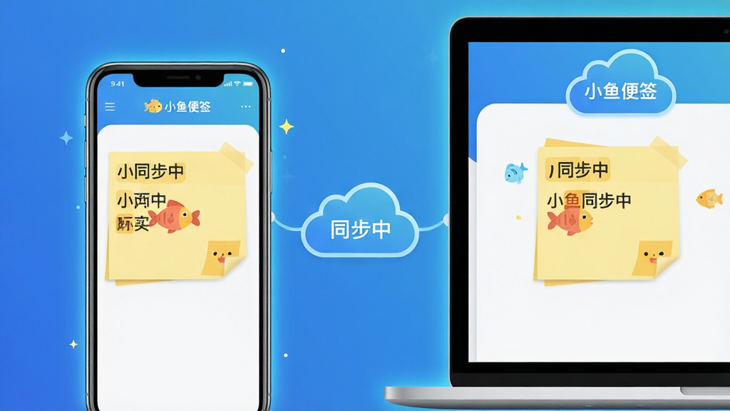 主体:一部手机和一台电脑并排,屏幕上都显示小鱼便签的界面,内容一致;布局:左右对称,中间有云朵图标连接;排版:界面简洁,便签内容清晰可见;风格:科技感扁平,背景为渐变蓝色;细节:云朵图标有“同步中”字样,手机和电脑边缘有光芒效果;画质:高清,干净,无多余元素,文字“小鱼便签”出现在两个屏幕顶部
