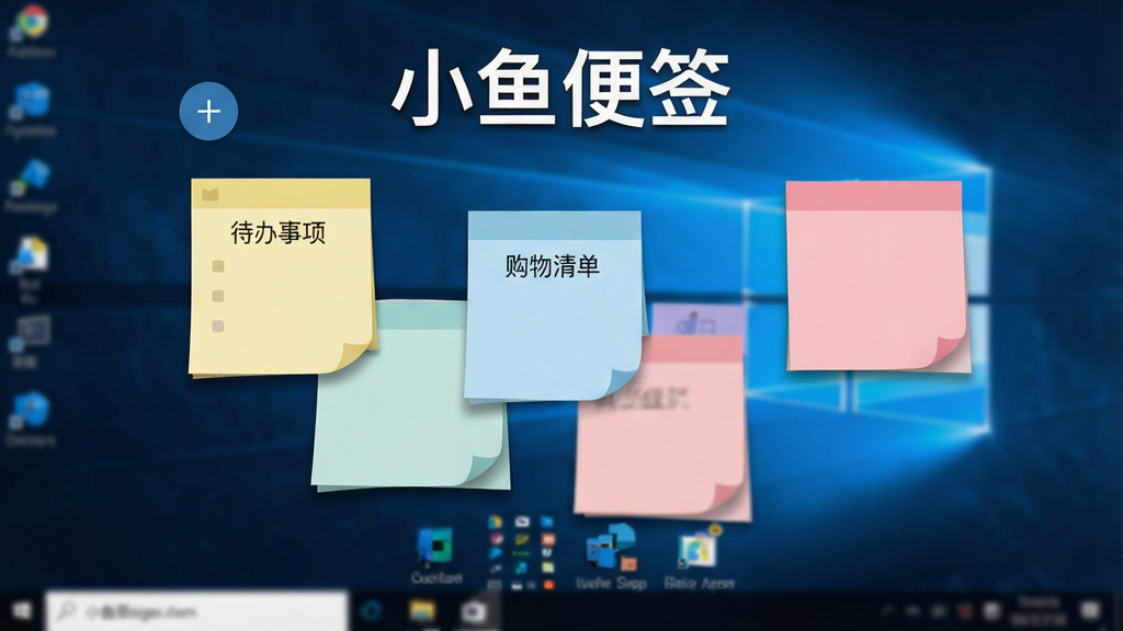 主体:小鱼便签软件主界面,展示多张彩色便签纸悬浮在桌面;布局:界面居中,便签错落有致,背景为模糊的Windows桌面;排版:简洁清晰,便签上显示“待办事项”、“购物清单”等字样;风格:扁平化设计,色彩明亮柔和(淡黄、浅蓝、粉红);细节:便签边缘有轻微阴影,顶部有“+”添加按钮;画质:高清,干净,无多余元素,文字“小鱼便签”突出显示