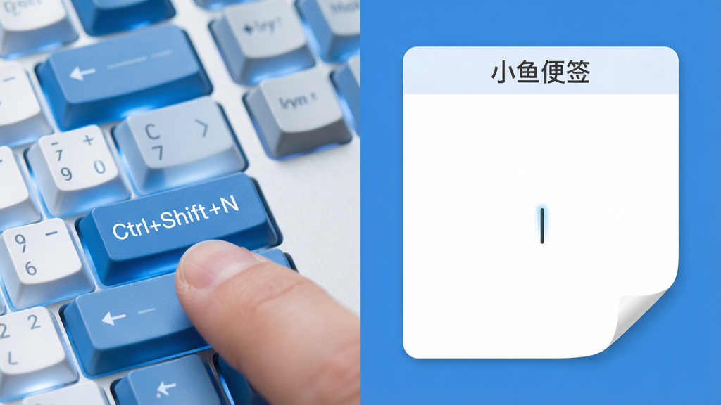 主体:手指点击键盘快捷键“Ctrl+Shift+N”创建新便签;布局:左侧为键盘特写,右侧为弹出的空白便签纸;排版:便签纸居中,上面有光标闪烁;风格:写实与扁平结合,色调以蓝色和白色为主;细节:便签纸四角有轻微卷曲,键盘按键高亮;画质:高清干净,无多余元素,文字“小鱼便签”出现在便签顶部