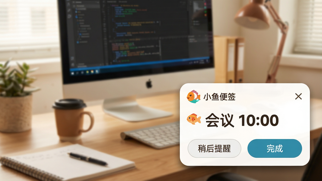 主体:电脑桌面右下角弹出小鱼便签的提醒通知,显示“会议 10:00”;布局:通知卡片位于右下角,桌面背景为工作场景;排版:通知卡片圆角设计,有“稍后提醒”和“完成”按钮;风格:写实与扁平结合,色调偏暖;细节:卡片边缘有投影,时间文字加粗;画质:高清干净,无多余元素,文字“小鱼便签”在通知标题处