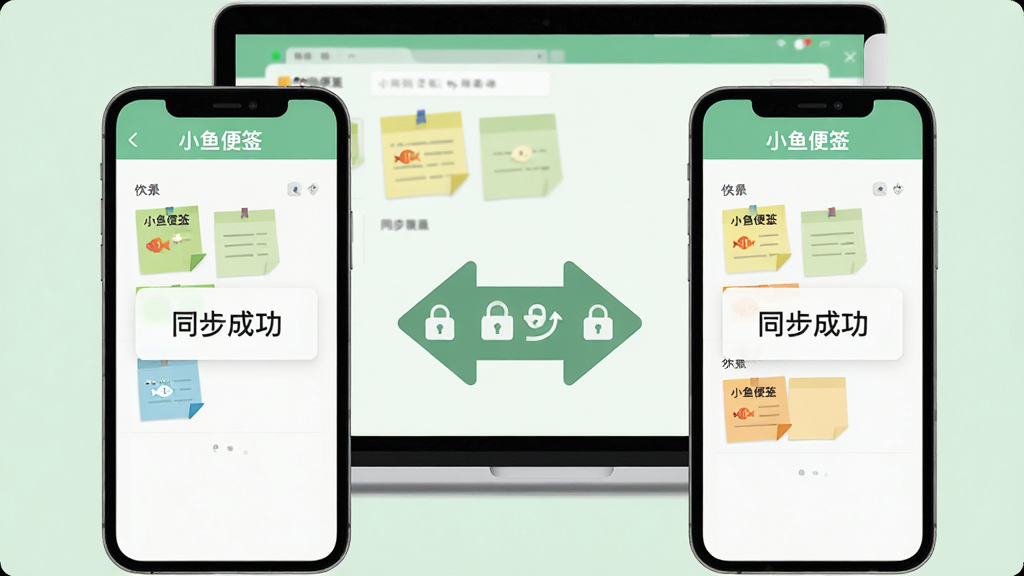 主体:一台笔记本电脑和一台手机并排,屏幕上显示小鱼便签的同步成功提示;布局:左右对称,手机和电脑之间有双向箭头,表示数据同步;排版:界面整洁,提示框显示“同步成功”;风格:扁平化,背景为淡绿色,象征安全;细节:电脑屏幕上有便签列表,手机屏幕有相同的便签,箭头带有锁图标;画质:高清,干净,无多余元素,文字“小鱼便签”出现在屏幕顶部