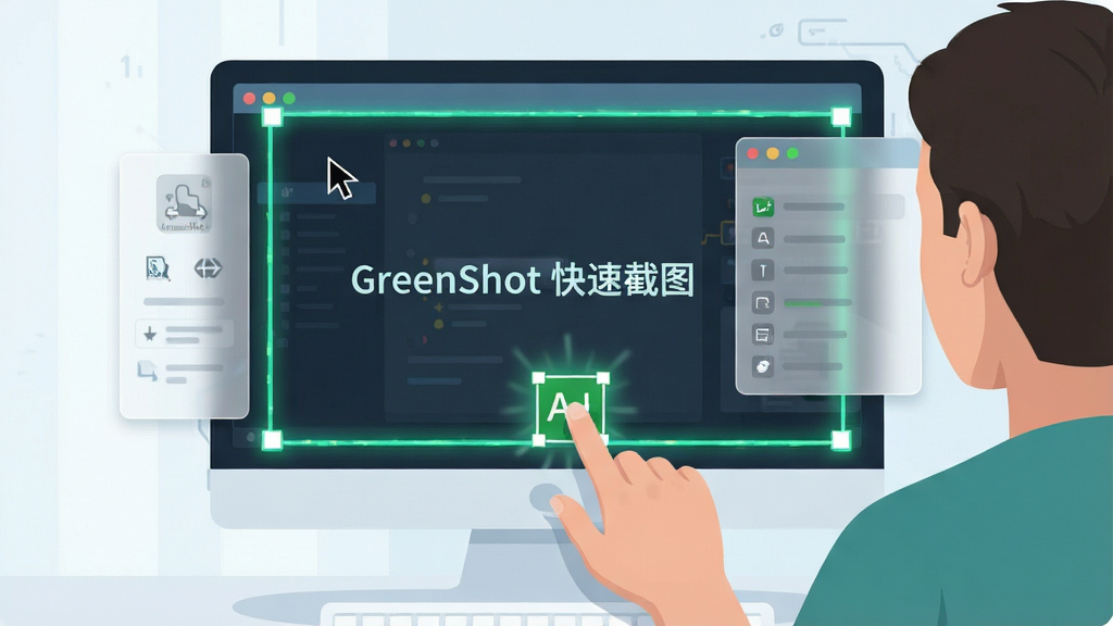 一幅展示GreenShot截图过程的动态概念图,主体为电脑屏幕前用户按下快捷键的瞬间,屏幕边缘出现高亮选框,周围有半透明工具栏浮窗,布局以屏幕为中心,排版简洁,风格为科技感插画,细节包括光标与快捷键图标,画质高清干净,无多余元素,图片中文字标注