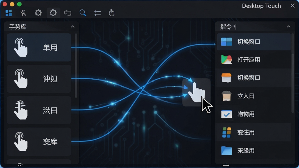 主体:Desktop Touch软件的手势映射设置界面,左侧为手势库(包含单指、双指、三指等图标),右侧为指令列表(如“切换窗口”、“打开应用”)。布局:界面采用分栏式设计,顶部为工具栏,中间为映射关系连线图。排版:手势图标与指令名称清晰对应,连线为蓝色动态效果。风格:现代简约,深色主题,科技感强。细节:屏幕右上角显示“Desktop Touch”字样,鼠标指针正在拖拽一个手势图标。画质:高清渲染,色彩饱和,干净,无多余元素。