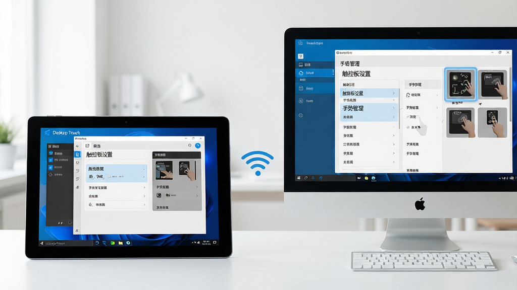 主体:一台Windows平板电脑与一台台式机并排,屏幕均显示Desktop Touch设置界面,重点突出“触控板设置”与“手势管理”面板。布局:左右对称构图,平板在左,台式机在右,中间有无线连接图标。排版:屏幕内容清晰可辨,设置项高亮显示。风格:简约明亮,办公室环境,浅色调。细节:平板屏幕显示“Desktop Touch”软件界面,台式机屏幕显示手势库。画质:高清,柔和光线,干净,无多余元素。