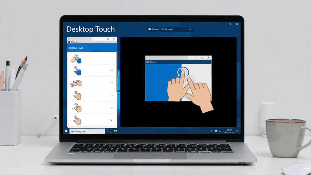 主体:一台运行Windows系统的笔记本电脑,屏幕显示Desktop Touch软件主界面,界面简洁现代,主色调为深蓝与白色,左侧为手势列表,右侧为实时预览动画。布局:电脑居中,屏幕内容清晰可见,背景为干净的浅灰色工作台面,旁边放置一杯咖啡。排版:屏幕界面占画面主体60%,手势预览动画突出显示。风格:科技感、扁平化设计,色彩明亮干净。细节:屏幕中展示“Desktop Touch”字样,手势动画为双指滑动切换窗口。画质:4K超清,细节丰富,干净,无多余元素。