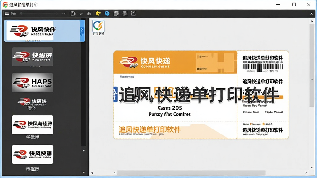 展示追风快递单打印软件模板库界面,左侧列出各大快递公司Logo与名称,右侧显示选中的面单模板预览,模板上有“追风快递单打印软件”水印字样,界面整洁,排列整齐,风格写实,画质清晰。