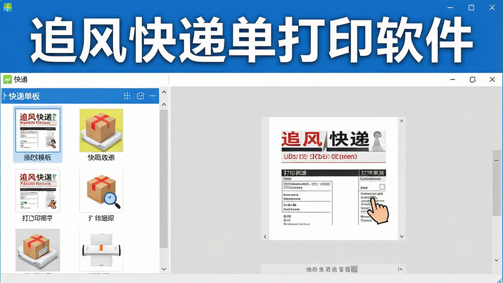 一张展示追风快递单打印软件主界面的高清截图,界面布局清晰,左侧为快递单模板列表,右侧为打印预览区,顶部有醒目的“追风快递单打印软件”字样,整体风格简约现代,色彩明快,画质干净,无多余元素。