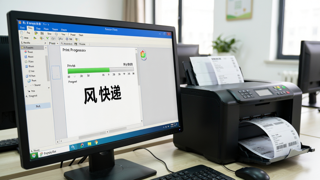 一张追风快递单打印软件批量打印运行中的动态截图,电脑屏幕上显示打印进度条与剩余数量,打印机正在连续出单,画面生动,体现高效稳定,整体光线明亮,细节丰富,无多余元素。