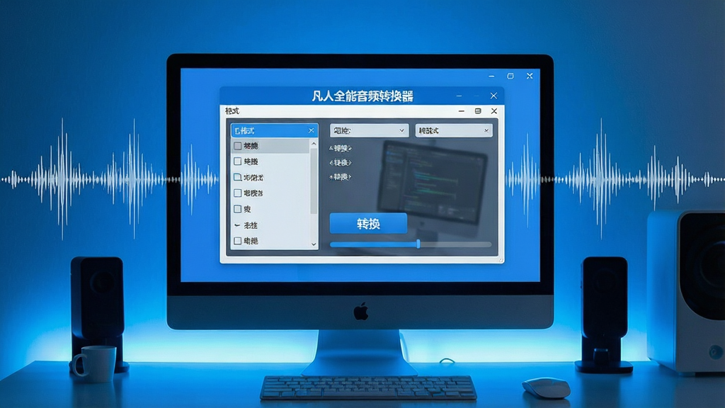 一张现代感十足的电脑桌面场景,屏幕中央显示“凡人全能音频转换器”软件主界面,界面包含清晰的格式选择列表、转换按钮和进度条,周围有音乐波形图装饰,整体色调以蓝色和白色为主,简洁明亮,科技感强,画质清晰干净,无多余元素