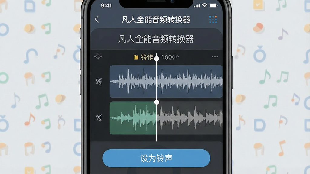 一张展示手机铃声制作过程的示意图,手机屏幕显示“凡人全能音频转换器”铃声制作界面,带有波形剪辑轨道和“设为铃声”按钮,背景为浅灰色,简洁专业,画质清晰,无多余元素