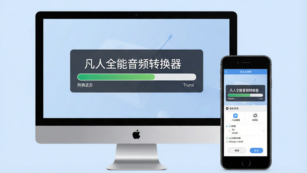 一张电脑和手机并排的图片,电脑屏幕显示“凡人全能音频转换器”转换进度条,手机屏幕显示同一软件的移动端界面,背景为浅蓝色,风格简洁,画质清晰,无多余元素