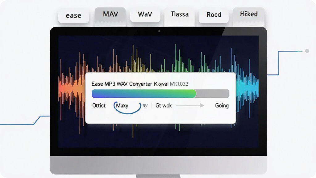 Ease MP3 WAV Converter软件功能展示图,电脑屏幕中显示格式转换进度条,背景为音频波形图,色彩鲜艳,现代科技风格,画面清晰,干净整洁