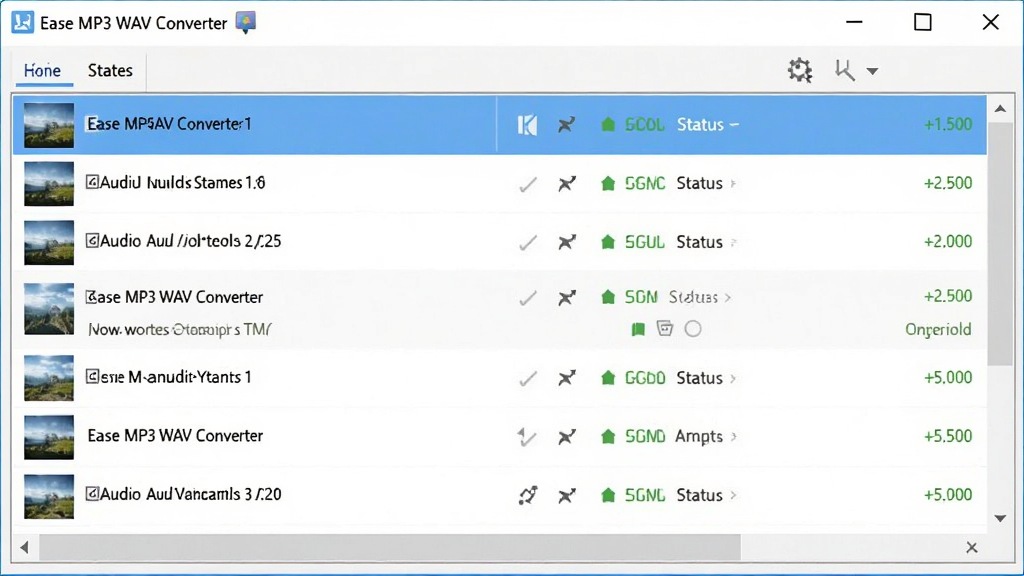 Ease MP3 WAV Converter批量操作界面预览图,窗口中整齐排列多个音频文件列表,每个文件旁显示转换状态图标,界面风格简约,色调明快,细节丰富,画质清晰,无多余元素