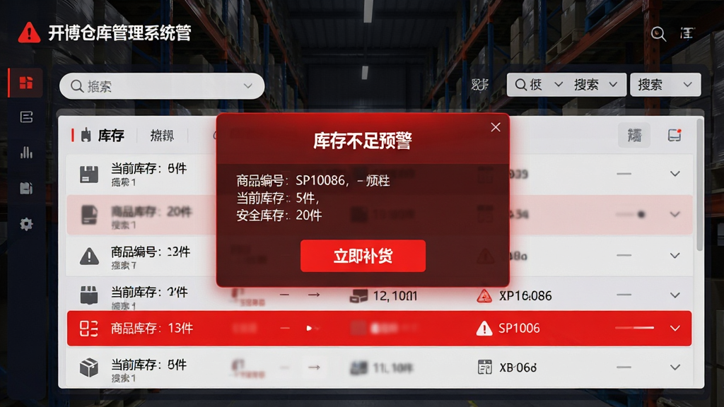 主体:开博仓库管理系统智能库存预警界面,屏幕中央显示红色警报弹窗,上面写着“库存不足预警”,背景是仓库货架。布局:弹窗位于画面中心偏上,下方是库存列表,预警商品行用红色高亮标注。排版:弹窗有醒目的“立即补货”按钮,列表顶部有搜索和筛选栏。风格:科技感、警示感,背景色调偏暗,突出红色警报元素。细节:弹窗中具体显示“商品编号:SP10086,当前库存:5件,安全库存:20件”等文字。画质:高清,干净,无多余元素。