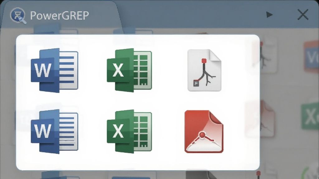 PowerGREP�ļ���ʽѡ��˵�����ʾ�����ĵ�ͼ�꣬��Word��Excel��PDF�������Ѻã�ͼ��������ɫ����ͣ����ʸɾ����޶���Ԫ��