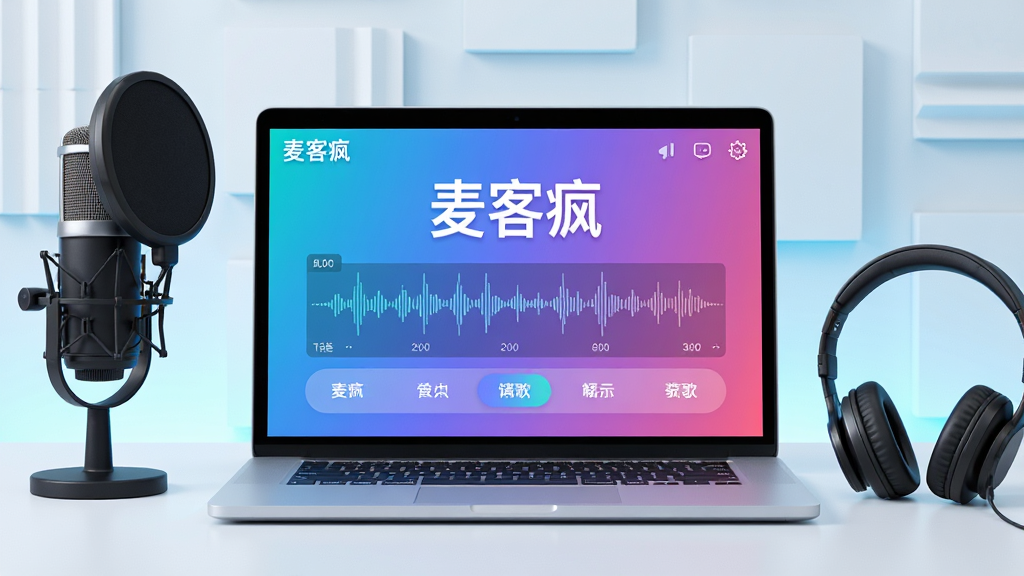 主体:一台笔记本电脑屏幕显示麦客疯K歌界面,旁边有麦克风和耳机;布局:电脑居中,麦克风置于左侧,耳机置于右侧;排版:画面干净简洁,主体突出;风格:现代科技感,明亮色调;细节:屏幕中可见“麦客疯”字样和波形图,麦克风有专业防喷罩;画质:高清,干净,无多余元素