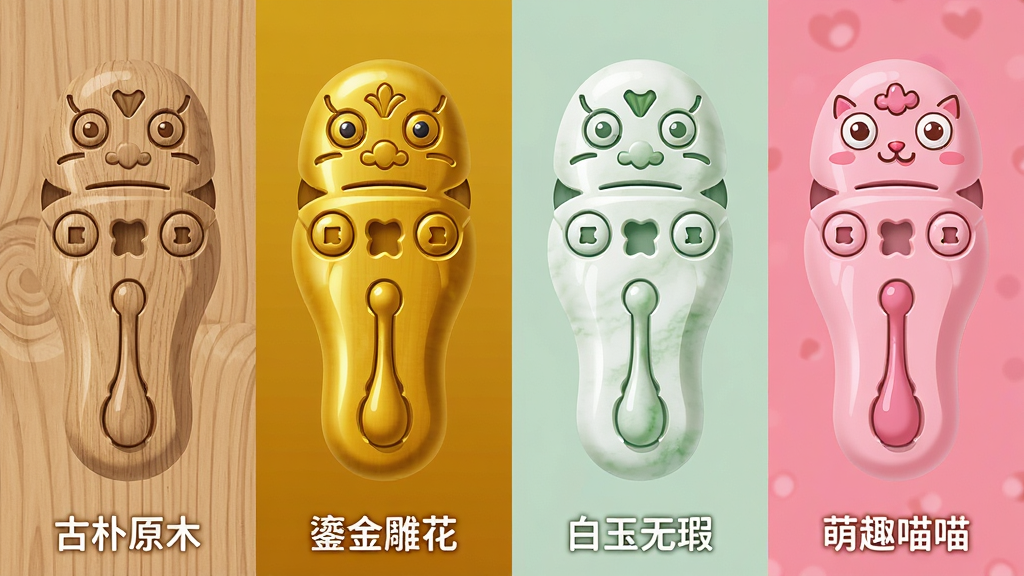 主体:一组“指尖木鱼”不同皮肤主题的展示图,从左到右依次为原木色、鎏金、白玉、粉色卡通风格,每个木鱼下方标注名称。布局:四宫格平铺,每个木鱼居中,背景为对应的主题色块,整体排列整齐。排版:每个木鱼下方有“古朴原木”、“鎏金雕花”、“白玉无瑕”、“萌趣喵喵”文字标签。风格:扁平化展示,色彩鲜明,对比度高。细节:木鱼纹理清晰,光效颜色各异,画面干净,无多余元素。画质:8K分辨率,细节锐利,干净无多余元素。