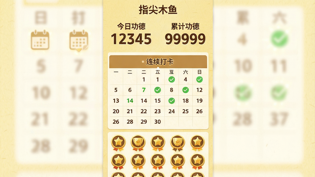 主体:“指尖木鱼”应用的功德统计界面,屏幕上方显示“今日功德 12345”和“累计功德 99999”,下方有日历打卡图和一组成就徽章。布局:竖屏截图,顶部为数字统计区域,中部为连续打卡日历,底部为徽章墙,排列整齐。排版:数字使用大号粗体,日历以网格显示,徽章为圆形图标,色彩以金色和棕色为主。风格:简洁扁平化,信息层级分明,背景为浅黄色纸纹质感。细节:徽章有微光渲染,日历上打勾的日期有绿色圆点,画面干净,无多余元素。画质:高分辨率,界面清晰,干净无多余元素。