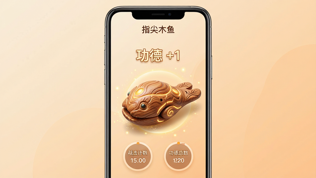 主体:一款名为“指尖木鱼”的休闲减压应用界面,手机屏幕中央显示一个雕刻精美的电子木鱼,木鱼表面有细腻的木纹和发光纹理。布局:手机竖屏居中展示,木鱼位于画面中心偏下,上方有“功德 +1”的浮动文字,背景是柔和的渐变色,从浅米色过渡到淡橙色。排版:界面简洁,木鱼下方有“敲击计数”和“功德总数”两个圆形小部件,左右对称。风格:写实与扁平结合,色调温暖治愈,光效柔和。细节:木鱼敲击时周围有淡淡的金色光晕和粒子效果,画面干净,无多余元素。画质:4K高清渲染,光影自然,细节丰富,干净无多余元素。