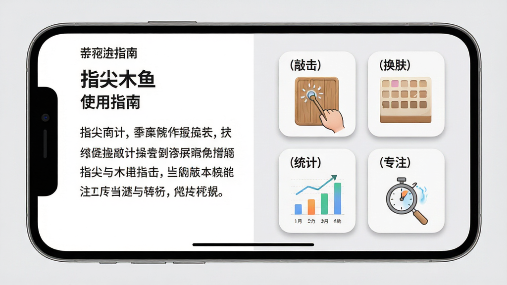 主体:手机横屏显示“指尖木鱼”的“使用指南”界面,页面以图文形式展示操作步骤,左侧为文字说明,右侧为示意图。布局:画面分为左右两栏,左侧白底黑字,右侧为四张功能小图。排版:文字步骤清晰,小图依次为“敲击”、“换肤”、“统计”、“专注”。风格:清新简约,背景为淡灰色,整体明亮。细节:界面边缘有圆角,图片有轻微阴影,画面干净,无多余元素。画质:高分辨率,UI清晰,干净无多余元素。
