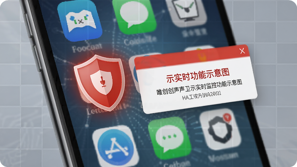 唯创声卫示实时监控功能示意图,展示手机屏幕内多个应用图标,其中一个被红色盾牌标记,并弹出警告窗口,背景为半透明网格,突出安全监控的实时性与全面性,风格写实,画质清晰,无多余元素