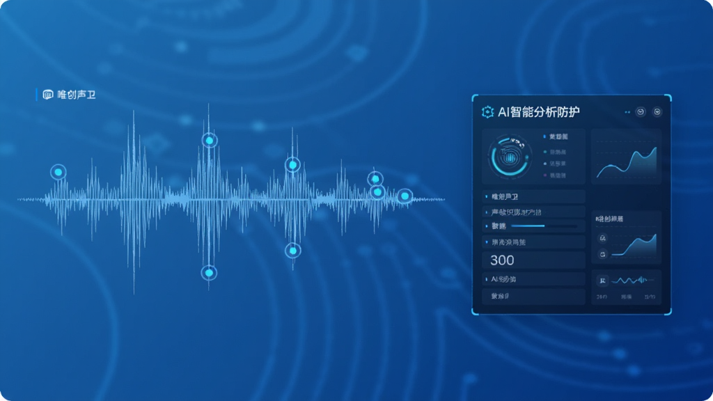 唯创声卫示声纹识别防护功能图,展示一个声波波形图,波形中有多个标记点,旁边有AI智能分析的数据面板,背景为科技蓝渐变,风格抽象,突出技术感,画质高清,干净无杂物