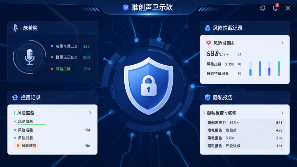 唯创声卫示软件主界面预览图,展示简洁的深蓝色调安全仪表盘,中央为醒目的盾牌图标,周围环绕麦克风状态监测、风险拦截记录、隐私报告三大功能模块,布局清晰,现代科技感风格,画质高清,干净无多余元素