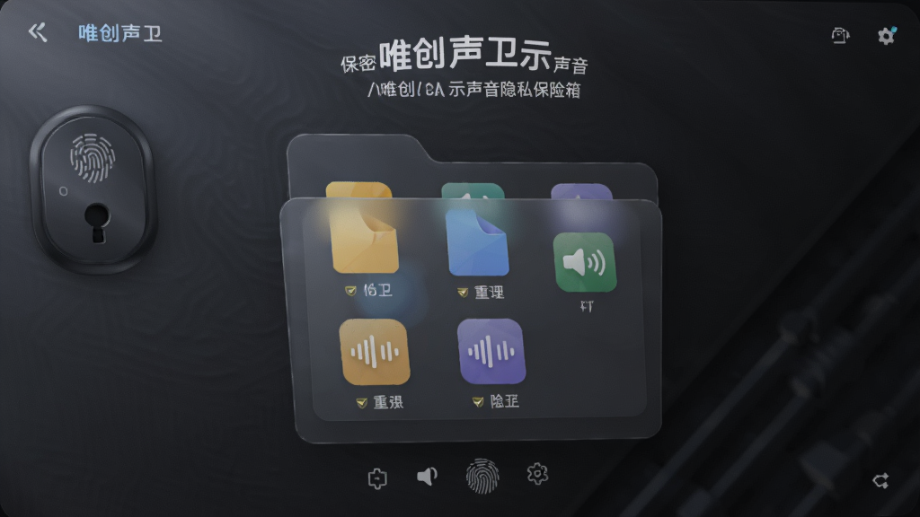 唯创声卫示声音隐私保险箱界面,展示一个带有指纹锁的加密文件夹,内部存放多个音频文件图标,背景为深色磨砂质感,光线柔和,强调安全与保密,细节丰富,画质干净