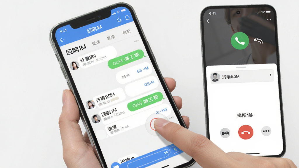 回响IM移动端使用操作示意图,画面展示手机界面上的回响IM聊天列表和通话界面,手指正在点击屏幕,布局直观,风格简洁,细节清晰,画质干净,无多余元素